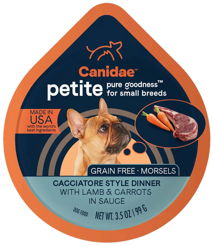 Front of CANIDAE PURE Petite Goodness for Small Breed Grain-Free Morsels Canned Dog Food Lamb & Carrots 3.5-oz