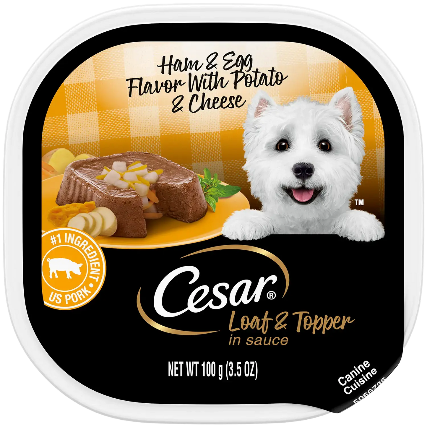 Front of Cesar Loaf & Topper in Sauce Adult Wet Dog Food Ham & Egg w/Potato & Cheese 3.5-oz
