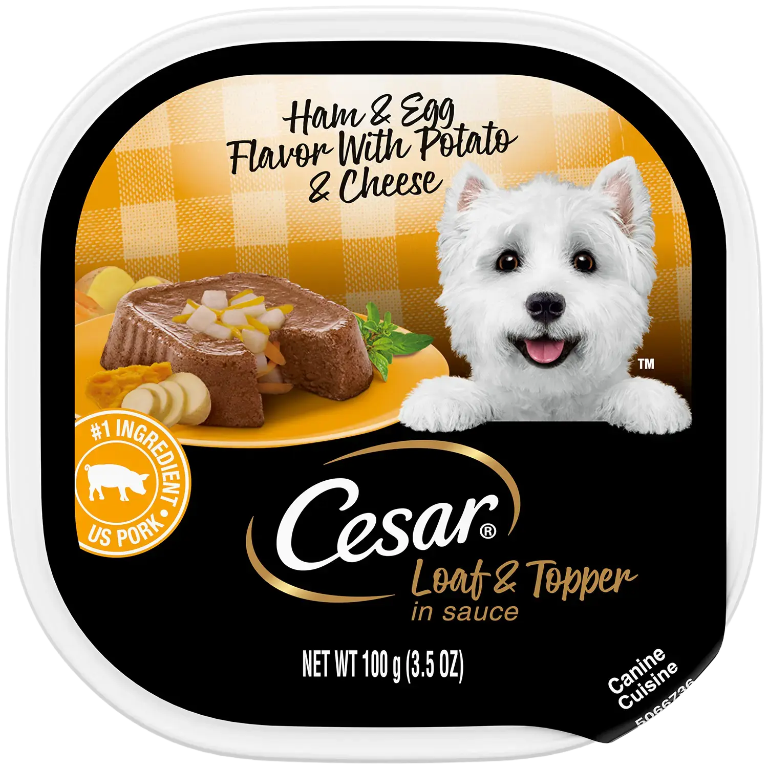 Front of Cesar Loaf & Topper in Sauce Adult Wet Dog Food Ham & Egg w/Potato & Cheese 3.5-oz