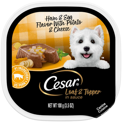 Front of Cesar Loaf & Topper in Sauce Adult Wet Dog Food Ham & Egg w/Potato & Cheese 3.5-oz