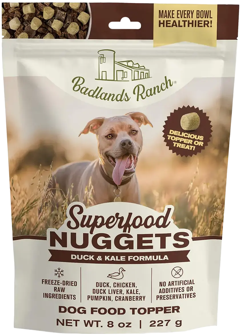 Front of Badlands Ranch Superfood Nuggets Freeze-Dried Raw Dog Treats Duck & Kale 8-oz