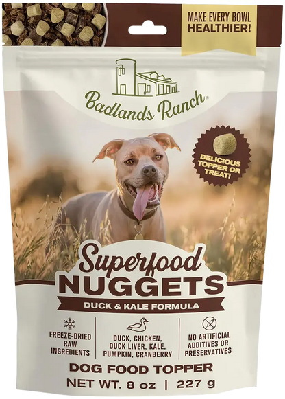 Front of Badlands Ranch Superfood Nuggets Freeze-Dried Raw Dog Treats Duck & Kale 8-oz