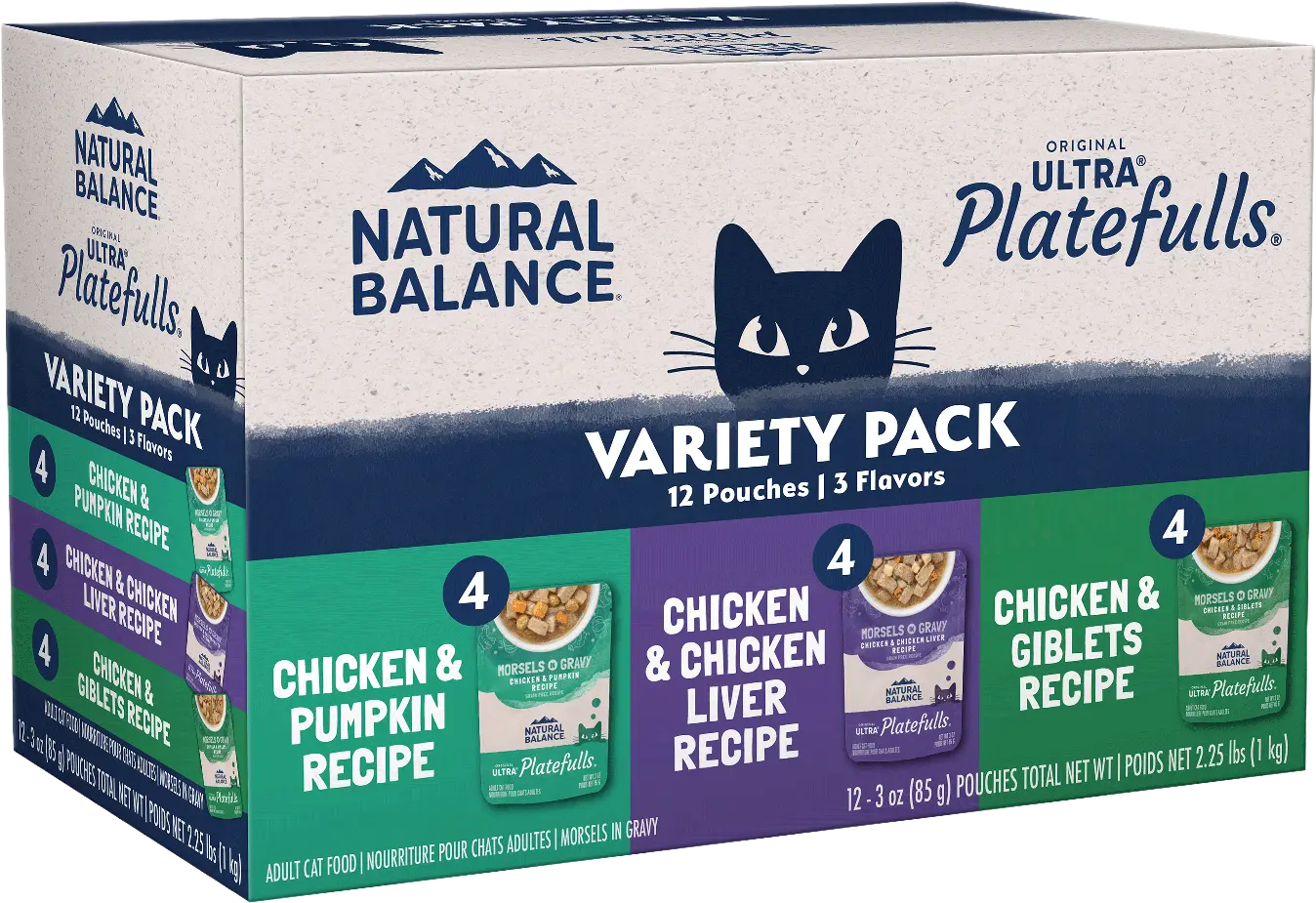 Front of Natural Balance Ultra Platefulls Chicken Morsels in Gravy Adult Wet Cat Food Variety Pack 3-oz Pouches 12 Count