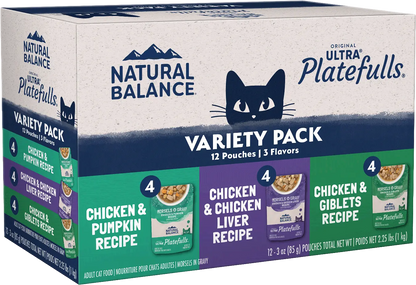 Front of Natural Balance Ultra Platefulls Chicken Morsels in Gravy Adult Wet Cat Food Variety Pack 3-oz Pouches 12 Count
