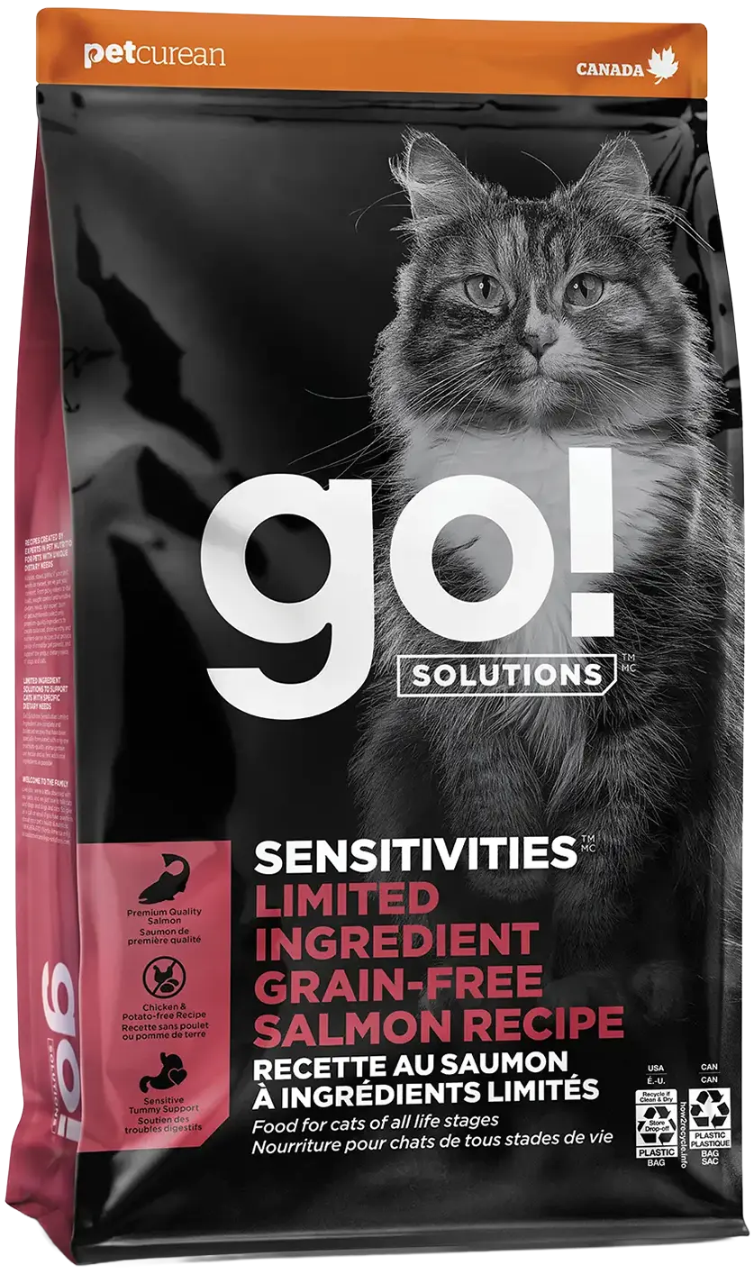 Front of Petcurean Go! Solutions Sensitivities Limited Ingredient Grain-Free Dry Cat Food Salmon 3-lb