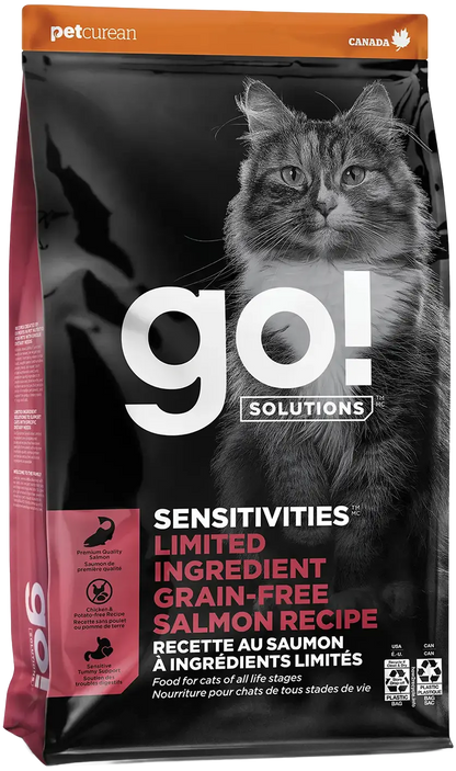 Front of Petcurean Go! Solutions Sensitivities Limited Ingredient Grain-Free Dry Cat Food Salmon 3-lb