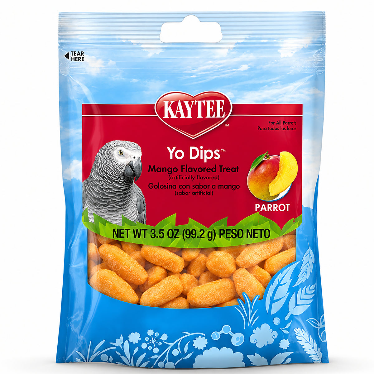 Front of Kaytee Yo Dips Mango Flavored Treats for Large Hookbills 3.5-oz