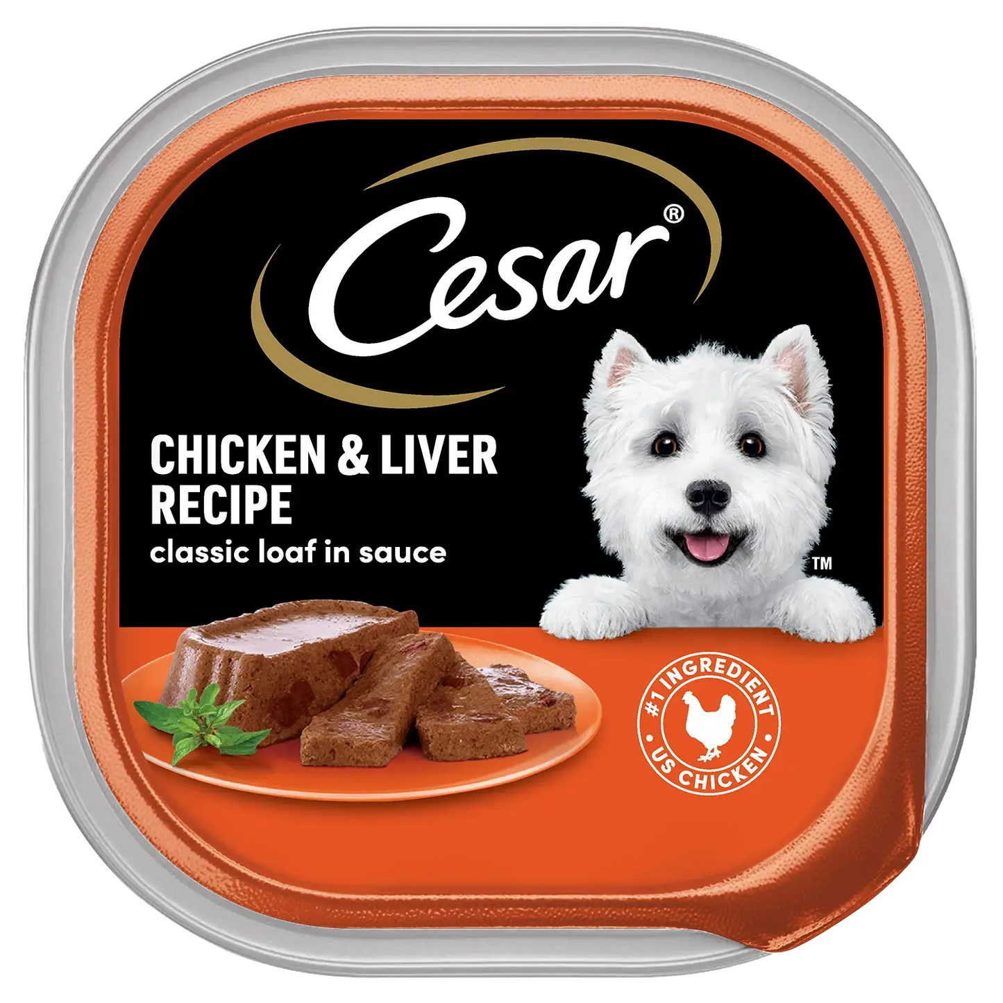 Front of  Cesar Classic Loaf in Sauce Adult Wet Dog Food Chicken & Liver 3.5-oz