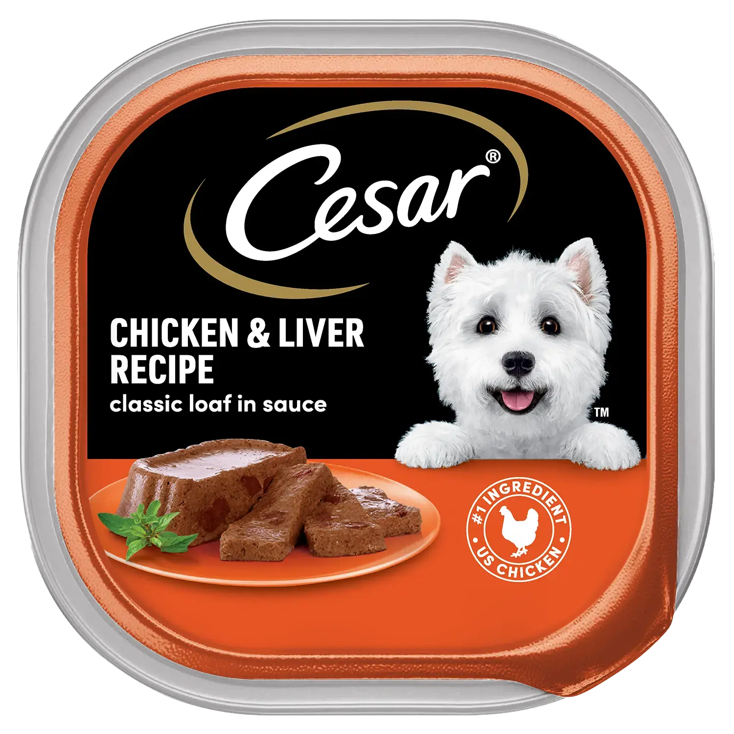 Front of  Cesar Classic Loaf in Sauce Adult Wet Dog Food Chicken & Liver 3.5-oz