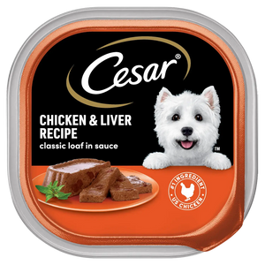 Front of  Cesar Classic Loaf in Sauce Adult Wet Dog Food Chicken & Liver 3.5-oz