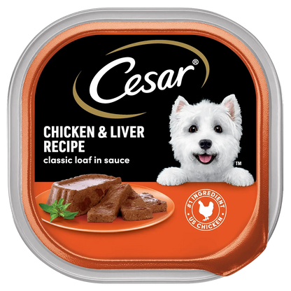 Front of  Cesar Classic Loaf in Sauce Adult Wet Dog Food Chicken & Liver 3.5-oz