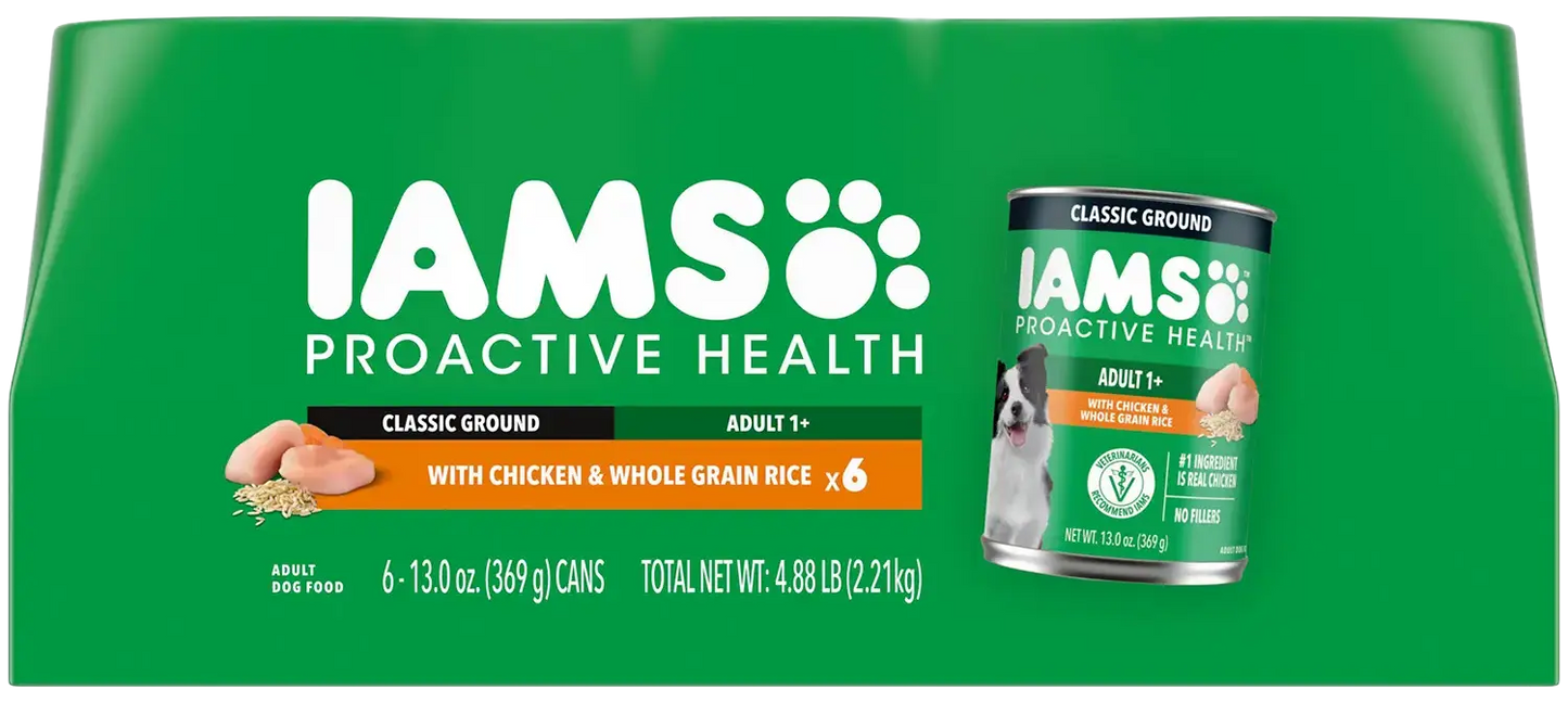 Front of IAMS Proactive Health Adult Wet Dog Food Pate with Chicken & Rice 6 Count 13-oz