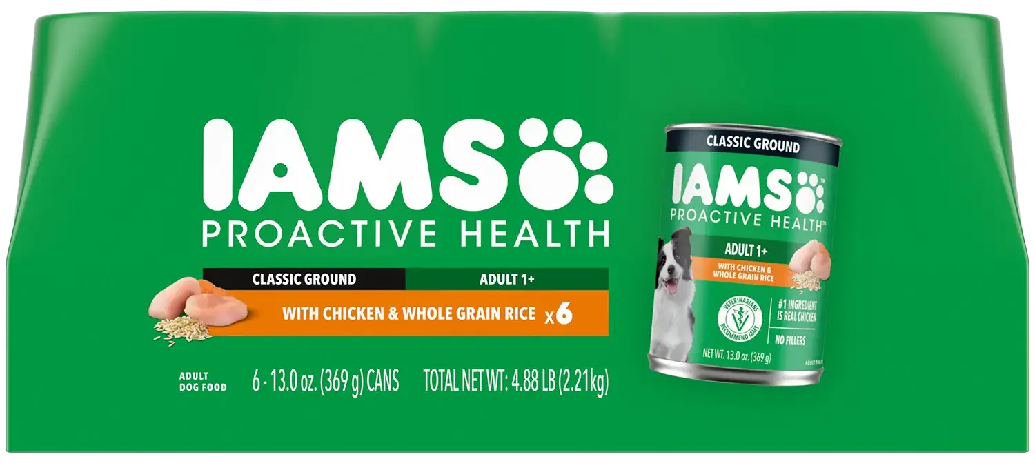 Front of IAMS Proactive Health Adult Wet Dog Food Pate with Chicken & Rice 6 Count 13-oz