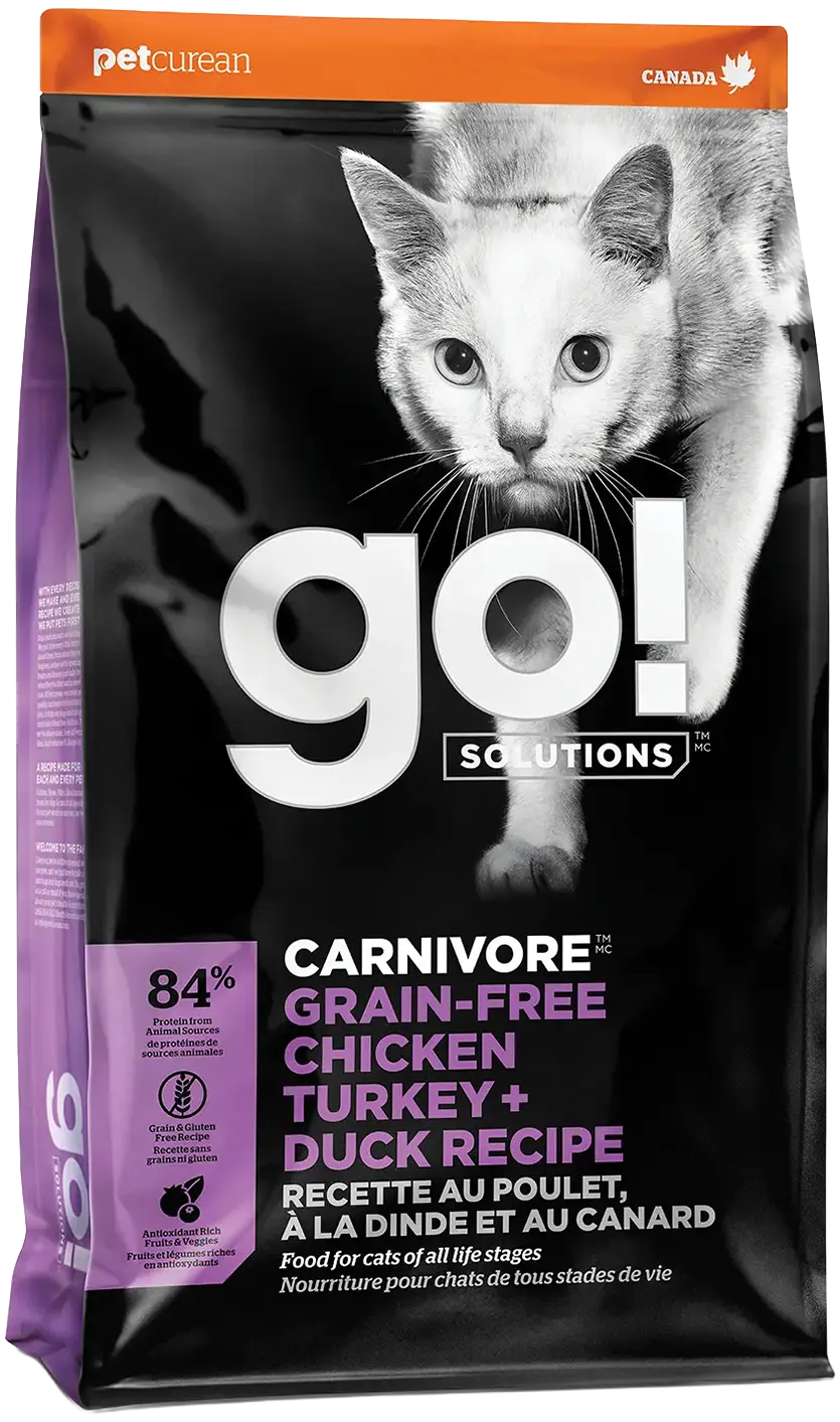 Front of Petcurean Go! Solutions Carnivore Grain-Free Dry Cat Food Chicken Turkey & Duck Recipe 3-lb