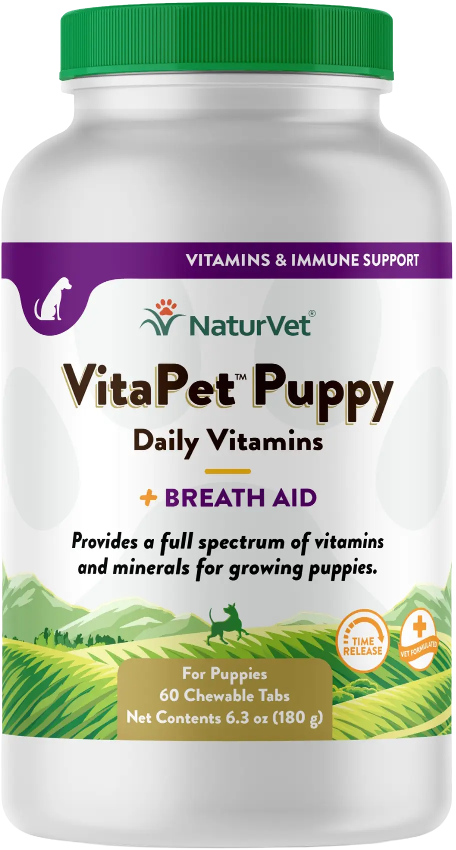 Front of NaturVet Vita Pet Puppy Plus Breath Aid Tablets Time Release Jar 60 Count 6.3-oz