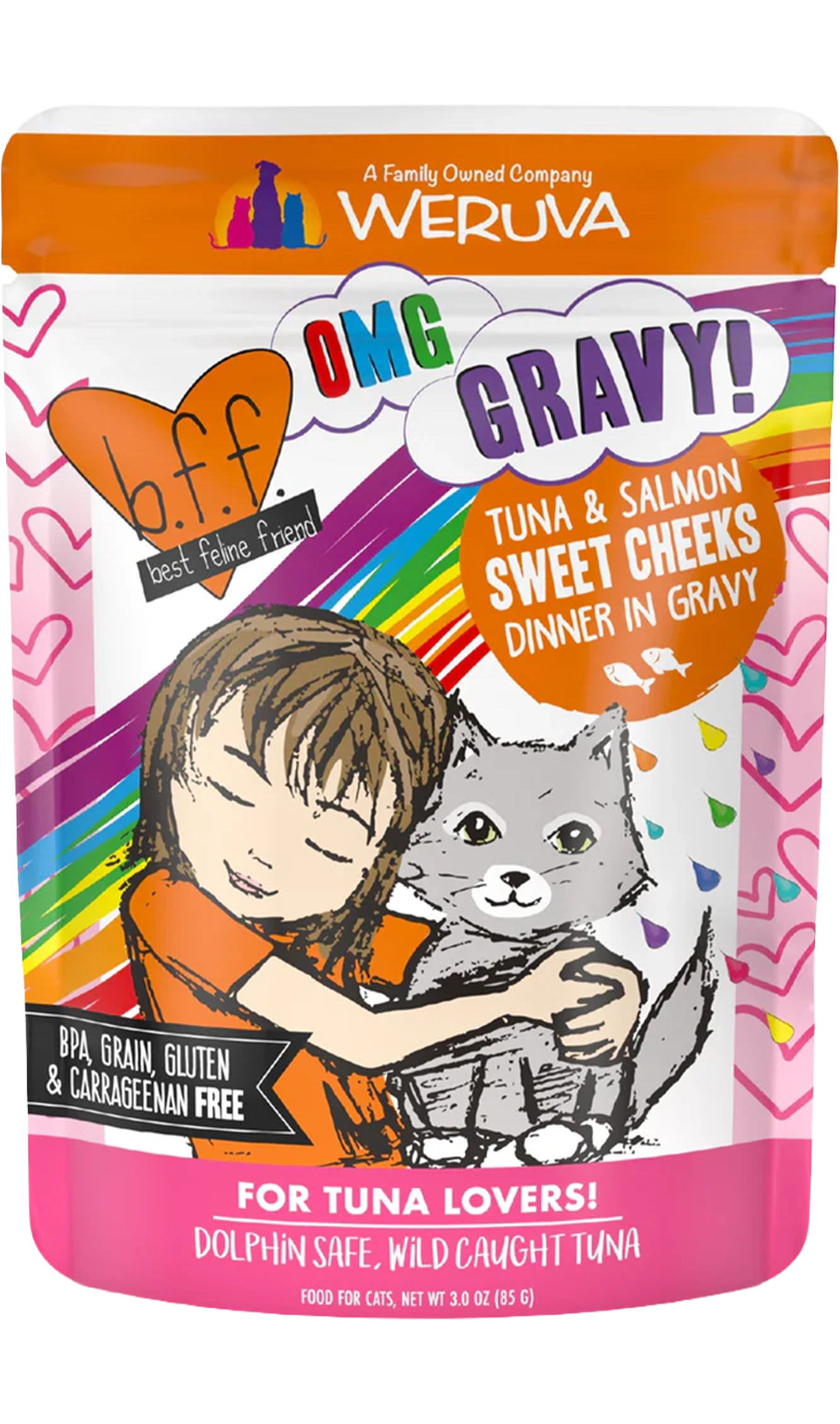 Front of Weruva B.F.F. OMG Tuna & Salmon Sweet Cheeks Dinner in Gravy Wet Cat Food Pouches 3-oz