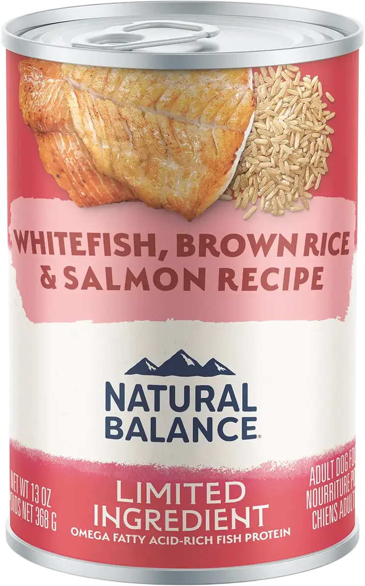 Front of Natural Balance Pet Foods Limited Ingredient Canned Dog Food Whitefish Brown Rice & Salmon 13-oz