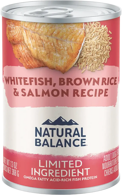 Front of Natural Balance Pet Foods Limited Ingredient Canned Dog Food Whitefish Brown Rice & Salmon 13-oz