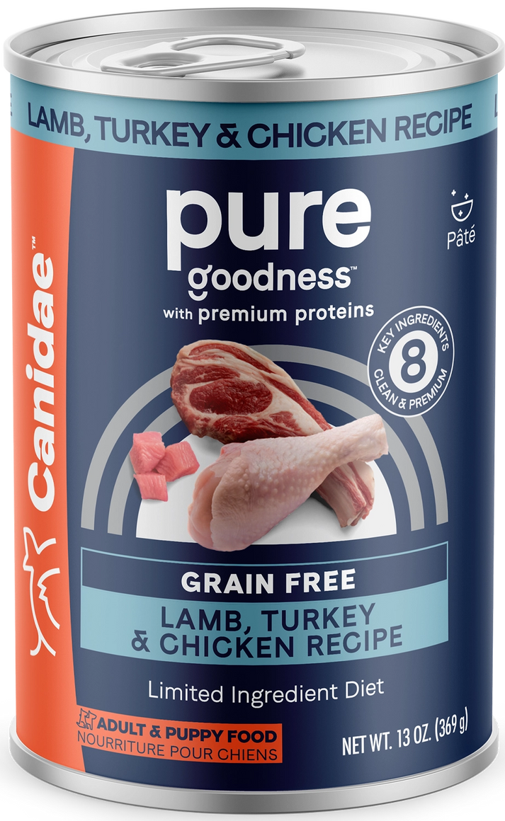 CANIDAE PURE Grain-Free Limited Ingredient Canned Dog Food Lamb, Turkey & Chicken 13-oz