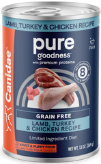 CANIDAE PURE Grain-Free Limited Ingredient Canned Dog Food Lamb, Turkey & Chicken 13-oz
