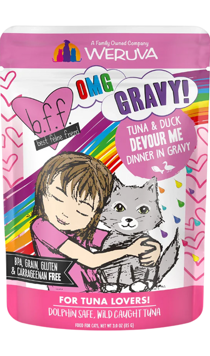 Front of Weruva B.F.F. OMG Tuna & Duck Devour Me Dinner in Gravy Wet Cat Food Pouches 3-oz