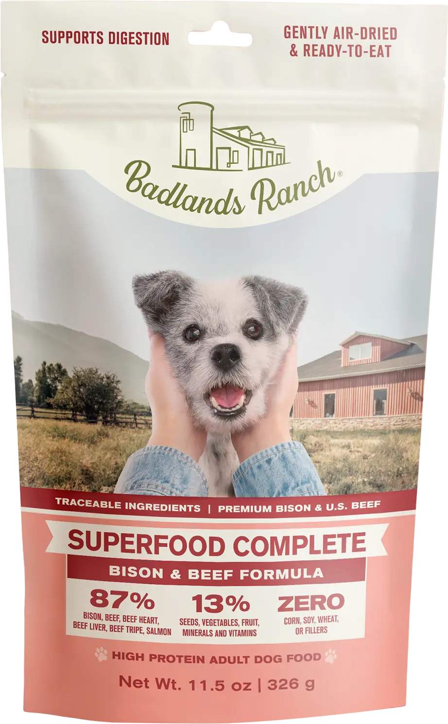 Front of Badlands Ranch Superfood Complete Air-Dried Dog Food Bison & Beef 11.5-oz