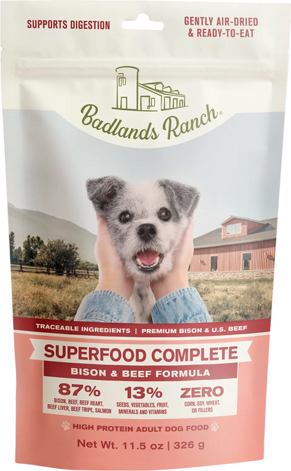 Front of Badlands Ranch Superfood Complete Air-Dried Dog Food Bison & Beef 11.5-oz