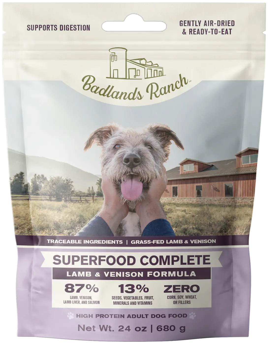 Front of Badlands Ranch Superfood Complete Air-Dried Dog Food Lamb & Venison 24-oz