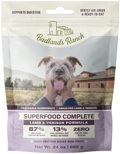 Front of Badlands Ranch Superfood Complete Air-Dried Dog Food Lamb & Venison 24-oz