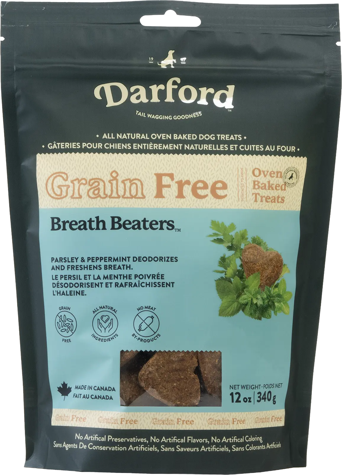 Front of Darford Grain Free Biscuits Breath Beaters Dog Treats Regular 12-oz