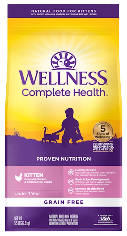 Front of Wellness Complete Health Grain-Free Kitten Dry Cat Food Deboned Chicken & Chicken Meal Recipe 5.5-lb