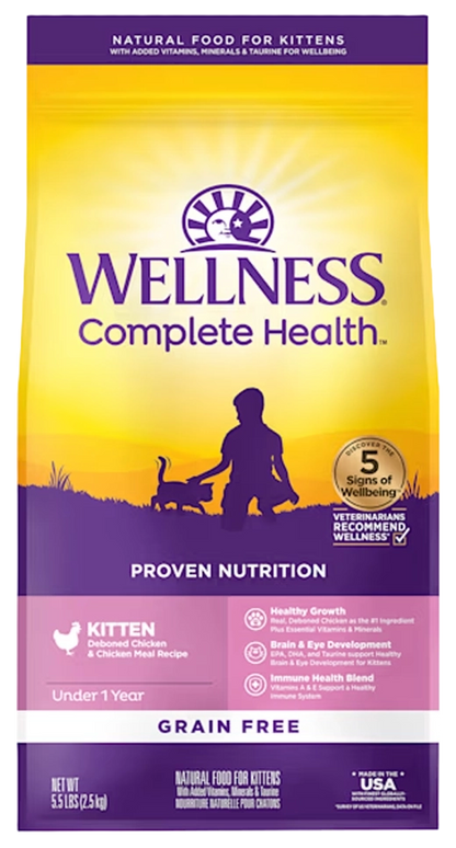 Front of Wellness Complete Health Grain-Free Kitten Dry Cat Food Deboned Chicken & Chicken Meal Recipe 5.5-lb