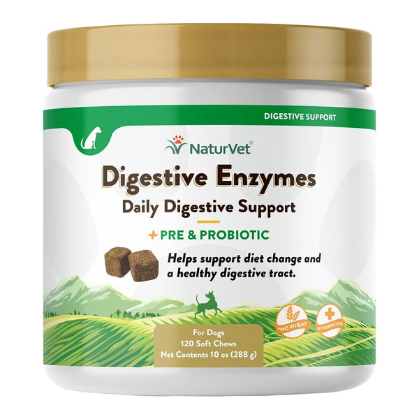 Front of NaturVet Digestive Enzymes Plus Pre and Probiotic Soft Chews for Dogs 120 Count 10-oz