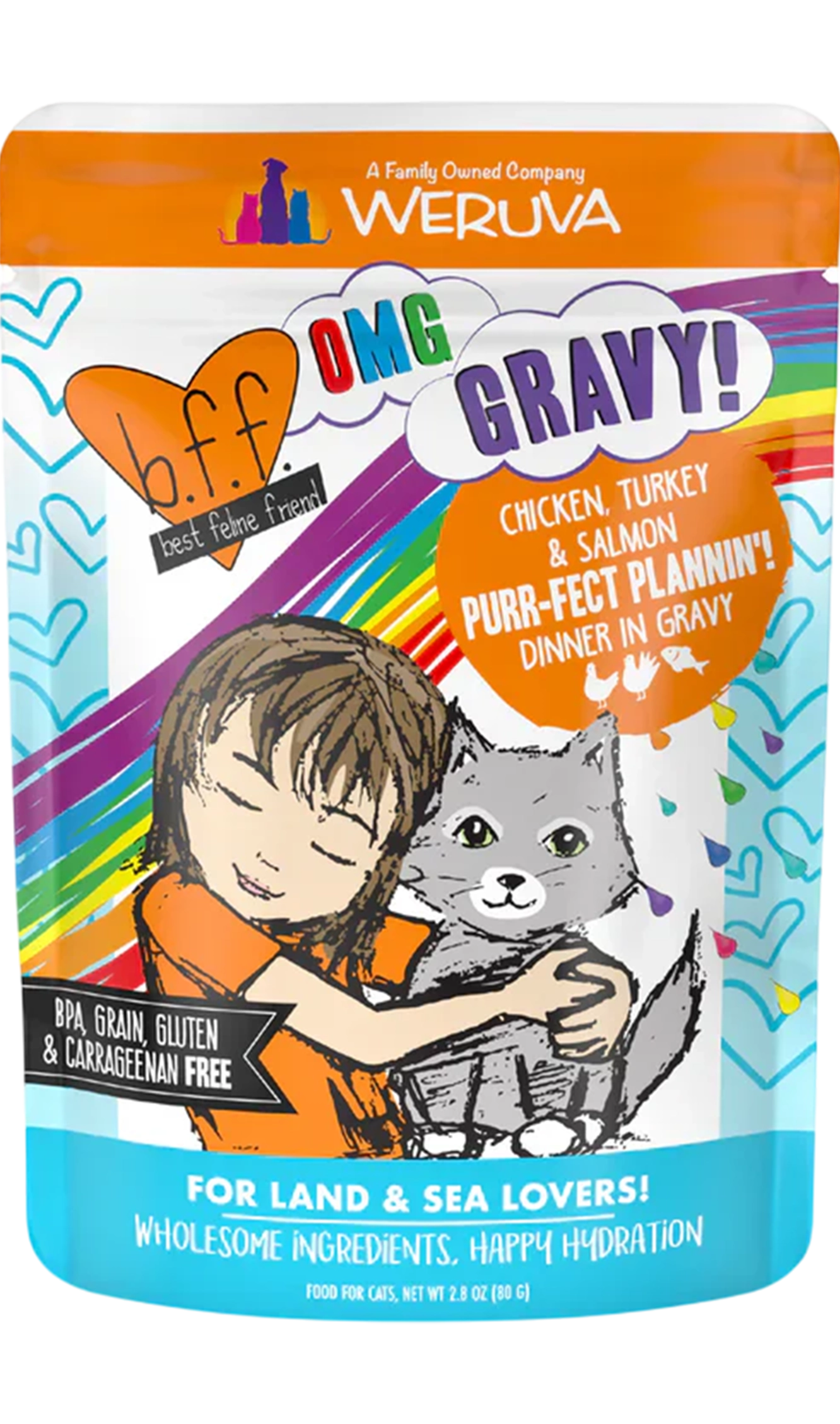 Front of Weruva B.F.F. OMG Chicken, Turkey & Salmon Purr-Fect Plannin'! Dinner in Gravy Wet Cat Food Pouches 2.8-oz