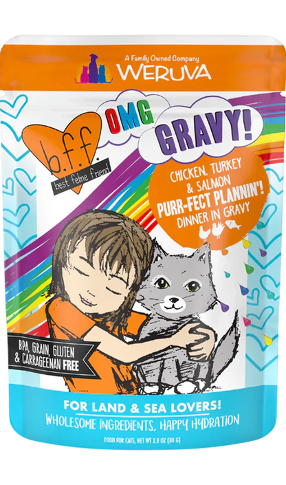 Front of Weruva B.F.F. OMG Chicken, Turkey & Salmon Purr-Fect Plannin'! Dinner in Gravy Wet Cat Food Pouches 2.8-oz
