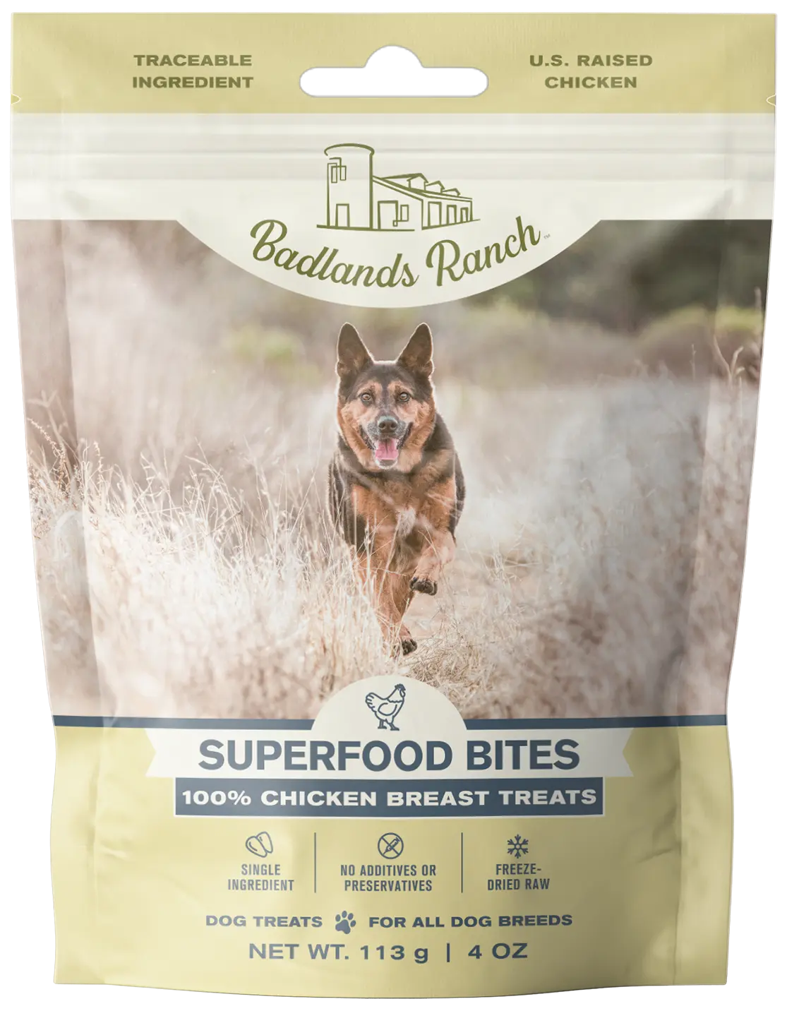 Front of Badlands Ranch Superfood Bites Freeze-Dried Raw Dog Treats Chicken Breast 4-oz
