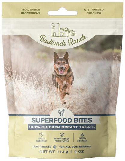 Front of Badlands Ranch Superfood Bites Freeze-Dried Raw Dog Treats Chicken Breast 4-oz