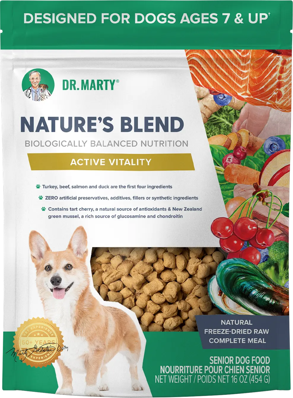 Front of Dr. Marty Nature's Blend Active Vitality Freeze-Dried Raw Senior Dog Food 16-oz