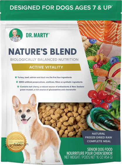 Front of Dr. Marty Nature's Blend Active Vitality Freeze-Dried Raw Senior Dog Food 16-oz