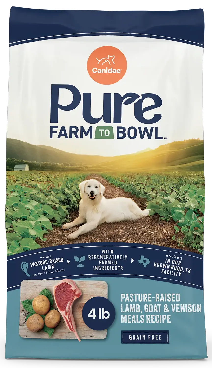 Front of Canidae Pure Goodness Grain-Free Limited Ingredient Adult Dry Dog Food Lamb, Goat & Venison Meals Recipe 4-lb