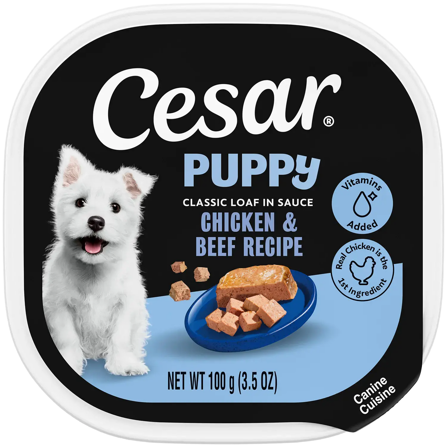 Front of Cesar Classic Loaf in Sauce Puppy Wet Dog Food Chicken & Beef 3.5-oz