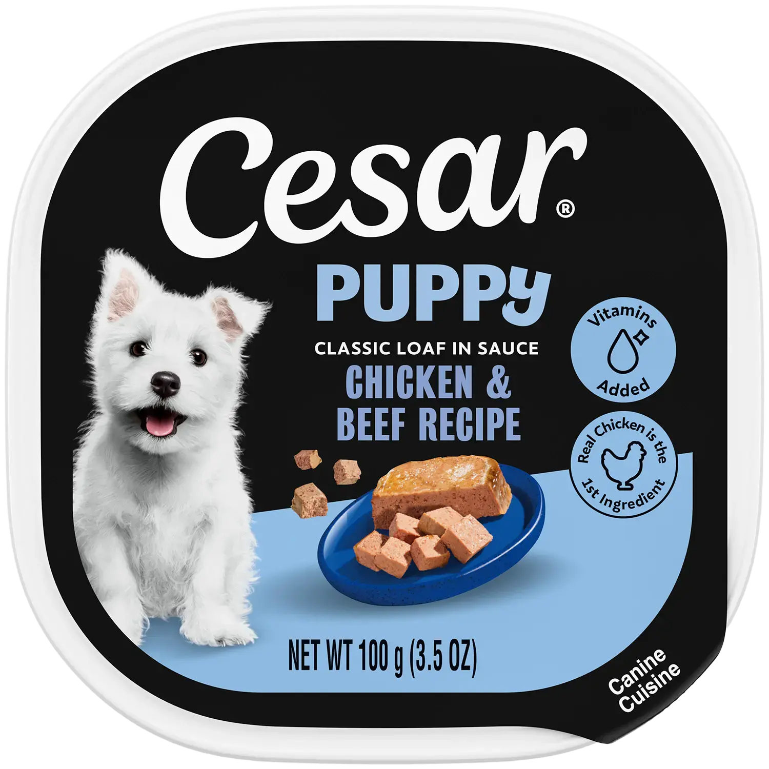 Front of Cesar Classic Loaf in Sauce Puppy Wet Dog Food Chicken & Beef 3.5-oz