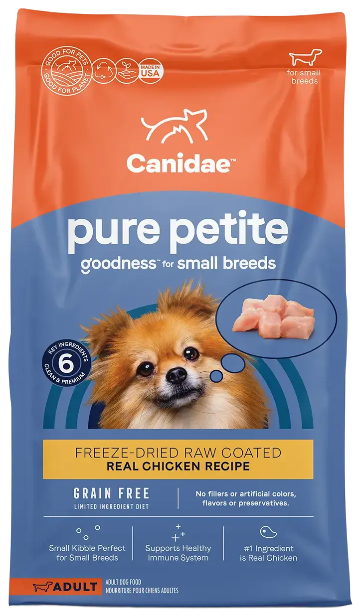 Front of CANIDAE PURE Petite Goodness for Small Breed Freeze-Dried Raw Coated Adult Dry Dog Food Chicken 4-lb