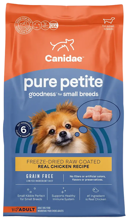 Front of CANIDAE PURE Petite Goodness for Small Breed Freeze-Dried Raw Coated Adult Dry Dog Food Chicken 4-lb