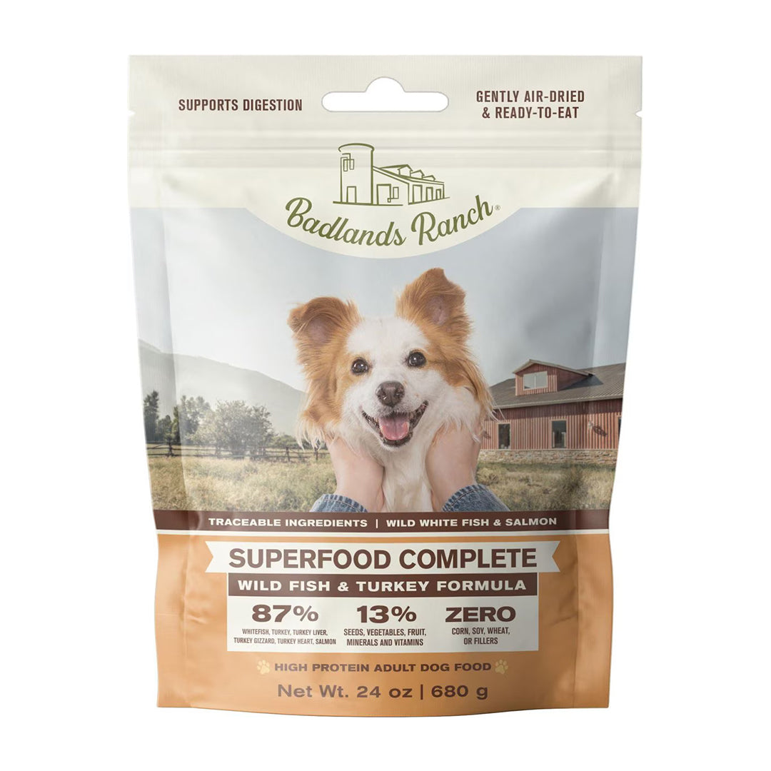 Front of Badlands Ranch Superfood Complete Air-Dried Dog Food Wild Fish & Turkey 24-oz