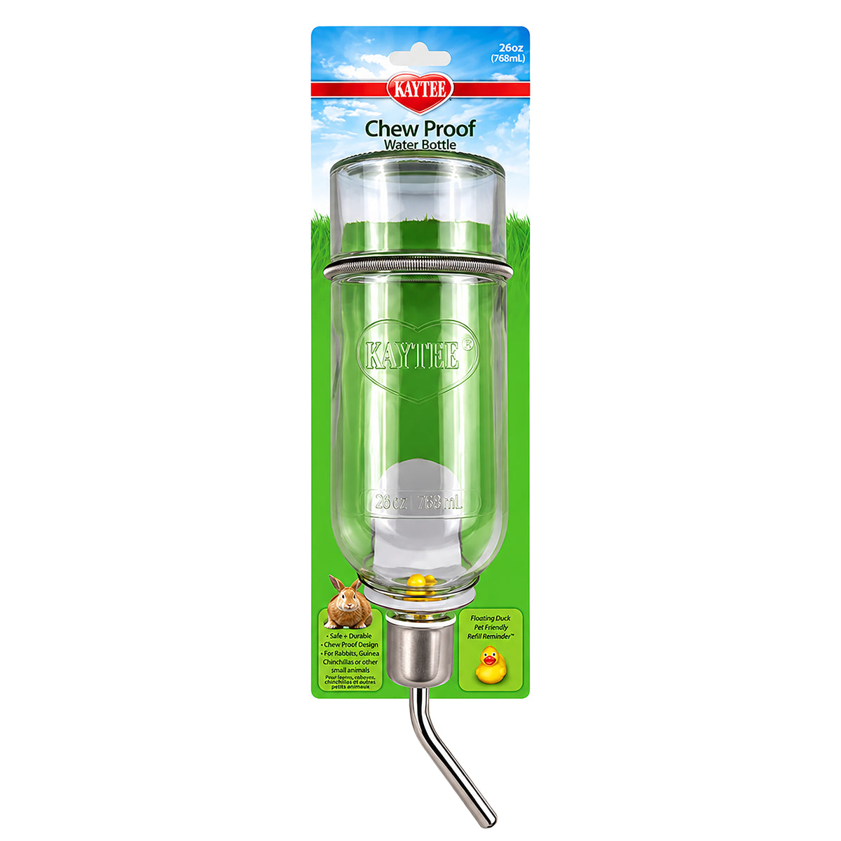 Front of Kaytee Chew-Proof Water Bottle Clear 26-oz