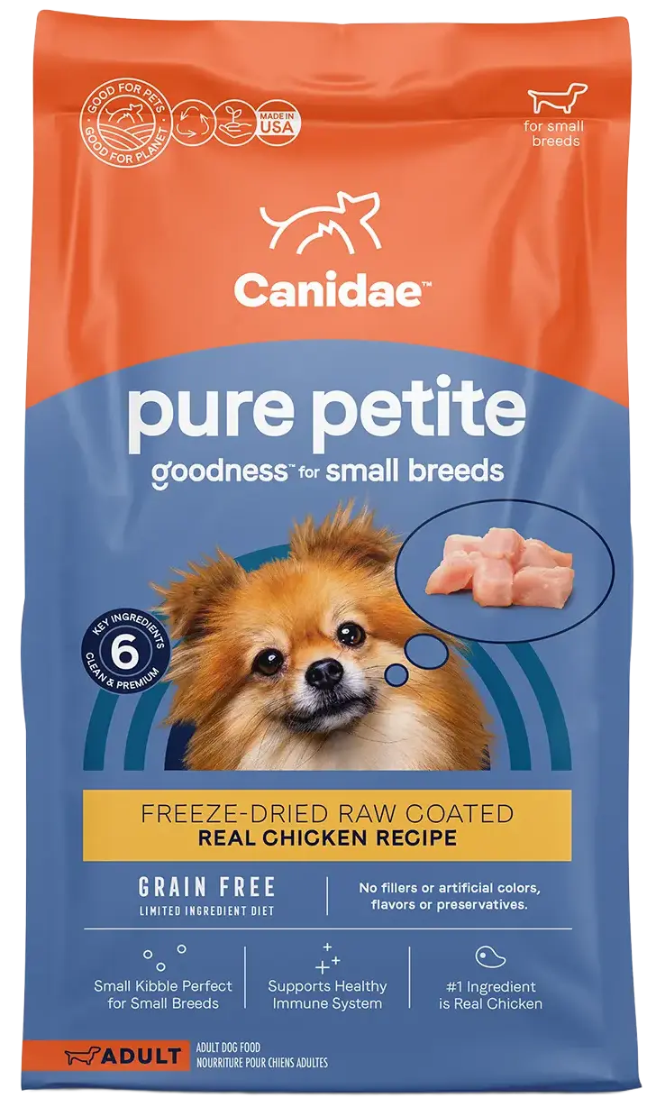 Front of CANIDAE PURE Petite Goodness for Small Breed Freeze-Dried Raw Coated Adult Dry Dog Food Chicken 10-lb