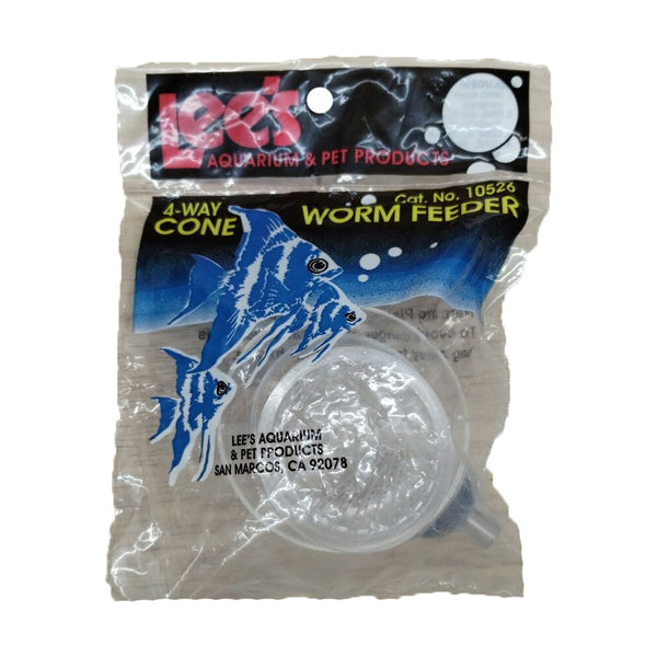 Front of Lee's Aquarium & Pet Products 4-Way Cone Worm Clear Fish Food Feeder