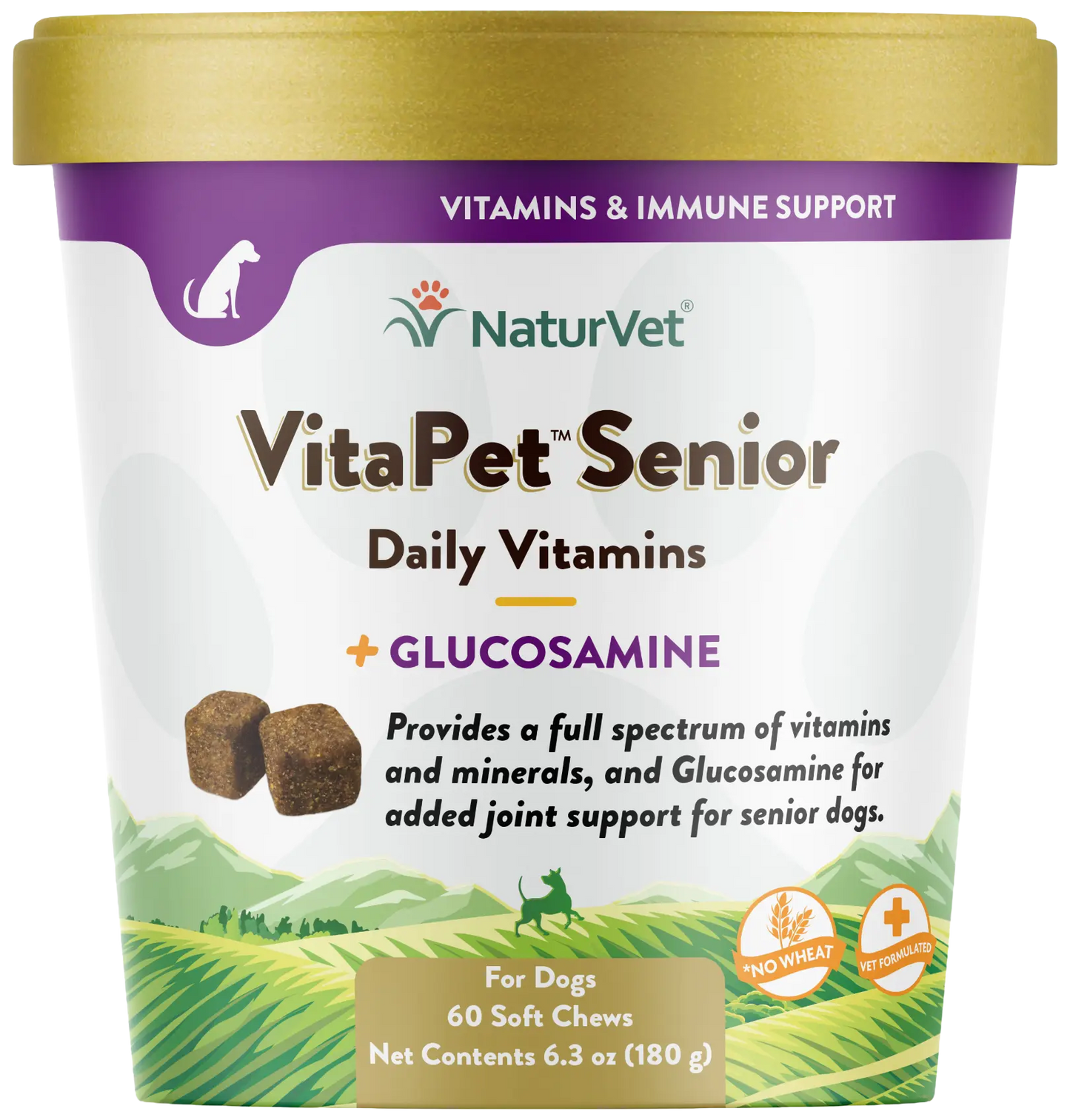 Front of NaturVet VitaPet Senior Daily Vitamins Plus Glucosamine Soft Chews for Dogs 60 Count 6.3-oz