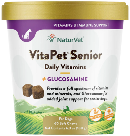 Front of NaturVet VitaPet Senior Daily Vitamins Plus Glucosamine Soft Chews for Dogs 60 Count 6.3-oz